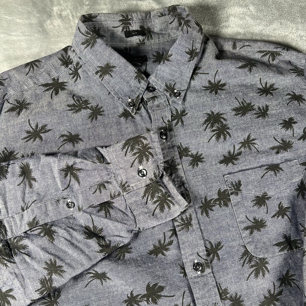 J. Crew Shirt Men's XL Gray All Over Palm Tree Print Button Down Chambray C4243